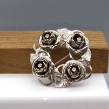 Silver Tone Wreath of Roses Brooch, Floral Circle with Crystal Center Flowers - £25.52 GBP