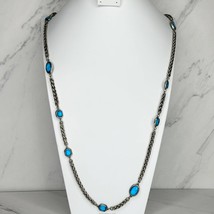 Chico&#39;s Blue and Silver Tone Station Barrel Chain Long Necklace - £13.22 GBP