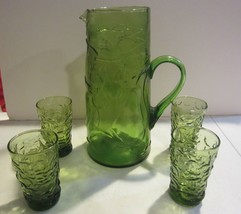 Vintage  Green Glass Pitcher and Juice Glasses / MCM - $66.50