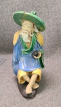 Vintage Antique Chinese Mudman Sitting w / Green Hat Ceramic Figurine Pipe - £14.94 GBP