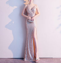 Gold Sequin Maxi Dress Gown Women Plus Size High Slit Sequin Maxi Dress image 4