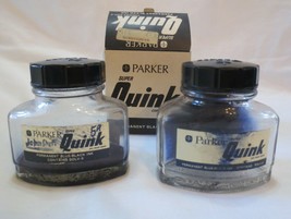 2 BLUE-BLACK Ink Bottle 2 Oz Parker Bros Super Quink Empty & Box Fountain Pen - $12.00