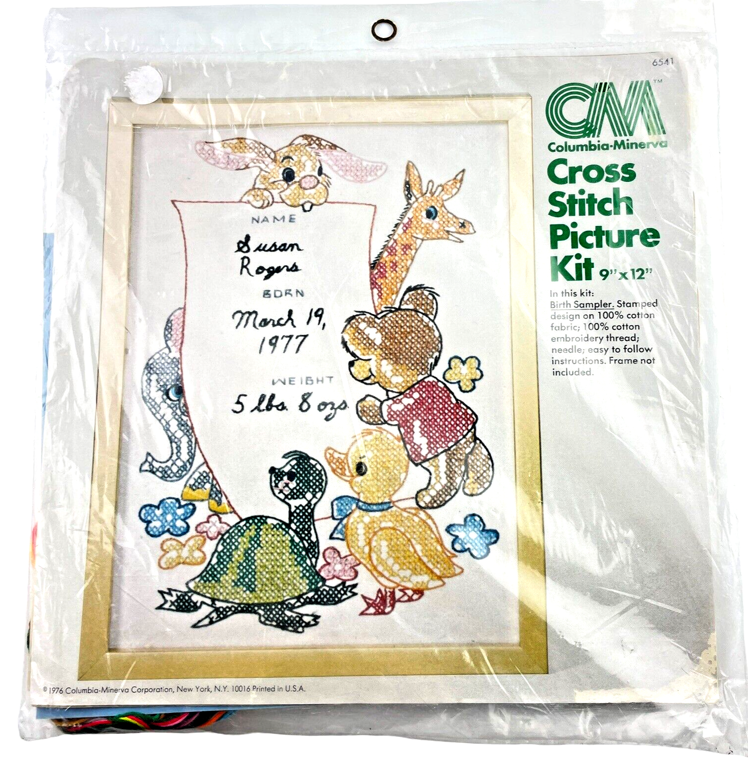 Columbia-Minerva Stamped Birth Sampler Cross Stitch Kit  Giraffe Bunny 9x12 in. - $19.22