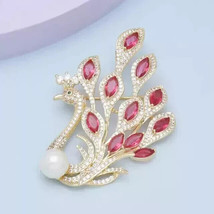 3Ct Marquise Cut Lab Created Pink Sapphire Peacock Brooch 14K Yellow Gold Plated - £135.49 GBP