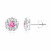 Natural Pink Sapphire Earrings with Diamond Halo in 14K Gold (Grade-A , 4MM) - £709.76 GBP