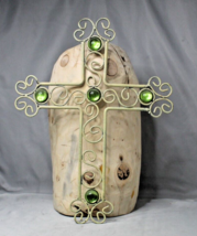 Metal Cross with Green Faux Stones Painted Hangable 12.5&quot; Tall - £7.56 GBP