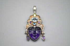 Sajen Face Pendant Goddess Idol Hand Carved Stone 925 Sterling Silver Amethyst - £116.00 GBP