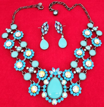New Suzanne Somers Blue Turquoise Rhinestone Flower Necklace & Earrings Box - $149.00