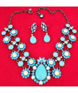 New Suzanne Somers Blue Turquoise Rhinestone Flower Necklace &amp; Earrings Box - £117.16 GBP