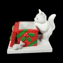 Vintage Christmas Cat Candle Holder Ceramic Tea Light Present Gift Mouse Red - £9.49 GBP