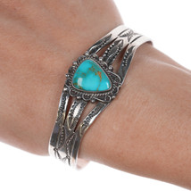 6 5/8&quot; 40&#39;s-50&#39;s Navajo stamped silver and turquoise cuff bracelet - £312.19 GBP
