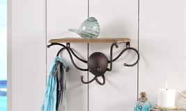 Octopus Design Shelf and Wall Hook 15.5" Long Metal & Fir Wood Wall Decor Ocean