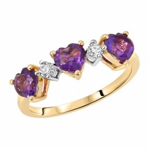 14K Solid Gold Rings With Diamonds &amp; Triple Heart Purple Amethyst - £470.49 GBP