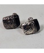 Vintage  Screw Back Earrings Black w/ Silver Tone Block Style .65 In Dec... - $17.00
