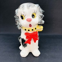 Vintage Ceramic Puppy Dog 7.5&quot; Piggy Bank Red Bow Yellow Collar Japan 2 piece - £17.58 GBP