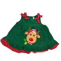 Rare Editions Girls Green Christmas Dress with Reindeer Face Size 6 Months - £15.45 GBP