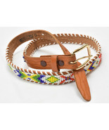 Vintage Hand Beaded Leather Belt Southwest Tribal Gold Tone Buckle Size 9 - £27.40 GBP