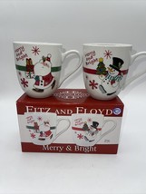 FITZ &amp; FLOYD SET-2 SANTA/SNOWMAN &quot;MERRY &amp; BRIGHT&quot; CHRISTMAS MUGS/CUPS  New - $19.00