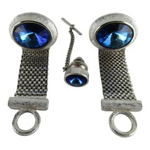 Vintage Dante Large Blue Stone Silver Tone Wraparound Cuff Link &amp; Tie Pin Set - £11.30 GBP