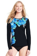 Lands End Women&#39;s Long Sleeve Swim Tee Rash Guard Black Cascade Deco Floral New - £31.33 GBP