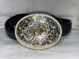 Oval Rodeo Bull Riding Western 5.25” Belt Buckle 40” Leather Belt Alpaca Mexico - £50.39 GBP