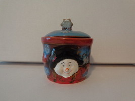 Holiday Winter Canister Jar Container Ceramic, Snowman Blue With Lid Snowflake - £4.78 GBP