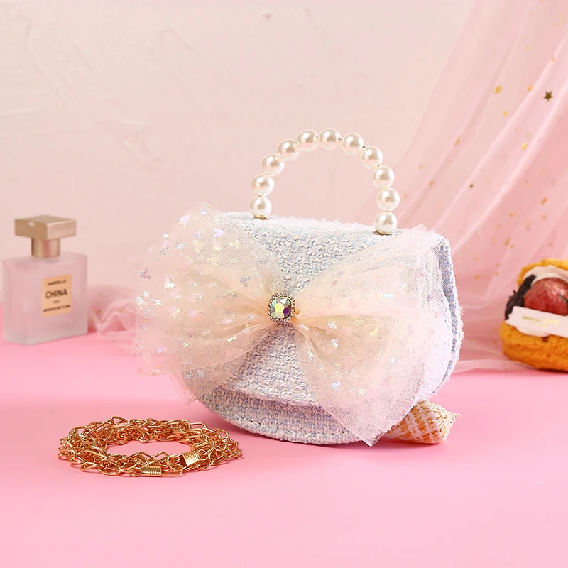 Lder messenger bag cute pearl chains children crossbody bags princess accessories purse thumb200