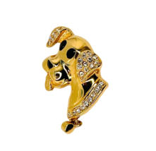 Gold Tone Rhinestone Dog Brooch Profile Puppy Collar Tag Tongue out 1.5&quot; H - £9.43 GBP