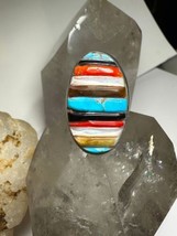 Navajo ring cobblestone turquoise onyx coral mop size 10.25 sterling silver wome - £180.43 GBP