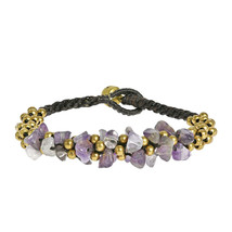 Surfer Inspired Purple Amethyst &amp; Brass Beads Cluster with Bell Toggle Bracelet - £9.33 GBP
