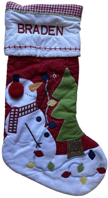 Primary image for Pottery Barn Kids Quilted Snowman w/ Tree Christmas Stocking Monogrammed BRADEN