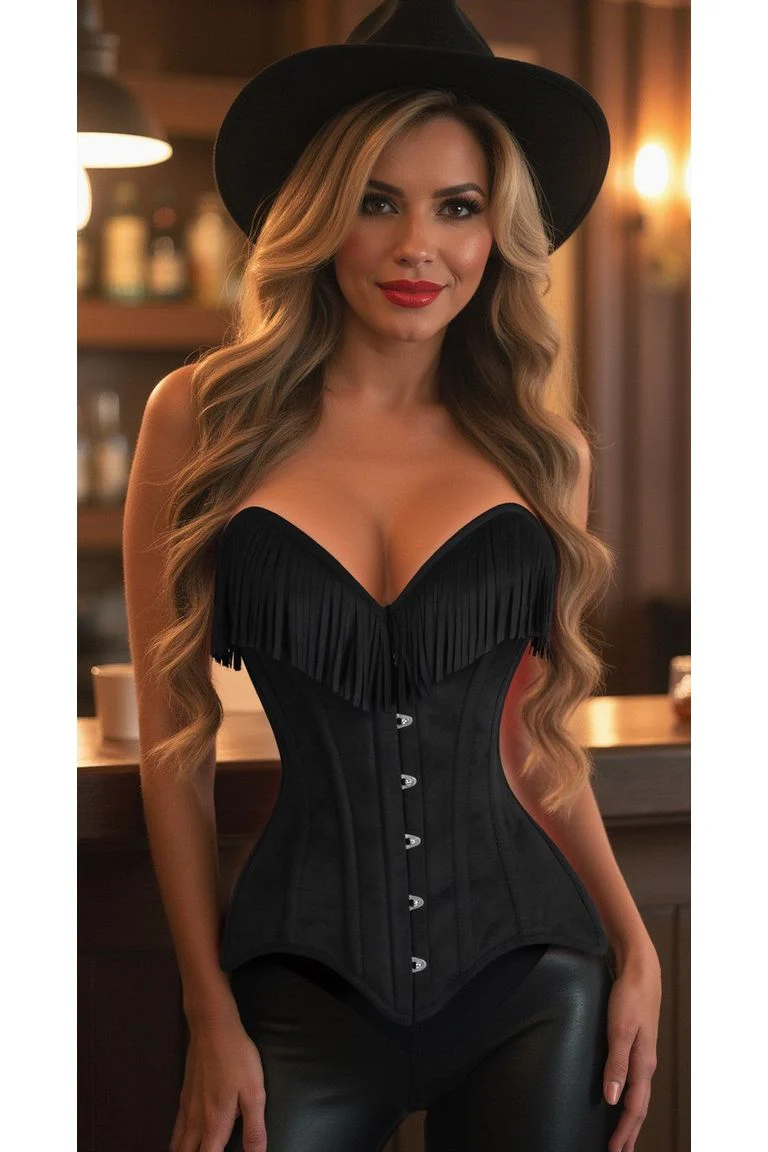 Western Style Suede Corset ~Top Drawer Black Steel Boned Overbust Corset... - $165.00