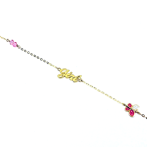 Bracelet Fille Or Jaune 14k Chaîne Câble Papillon Émail Rose Cristaux Perles - £130.52 GBP