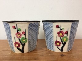 Pair Vtg Japanese Basket Weave Majolica Ceramic Herb Planters Flower Pots 3.25&quot; - £39.49 GBP