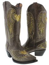 Womens Western Wear Boots Brown Leather Gold Sequins Heart Wings Snip Toe - £65.90 GBP