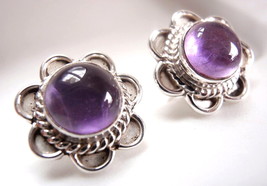 Purple Amethyst Stud Earrings 925 Sterling Silver Rope Design Petals Domed New - £16.48 GBP