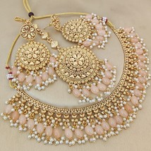 Gold Plated Indian CZ Bollywood Style Necklace Panjabi Peach Jewelry Set - £67.54 GBP