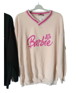 Pastel Pink Oversized Barbie Logo Pullover Sweatshirt with Striped Collar - $33.99