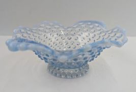 Blue Opalescent Hobnail Glass Ruffled Edge Candy Dish Small Bowl With Handles 7" image 5