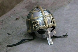 Medieval Viking Vendel Helmet 18 Ga Metal &amp; Brass Accent Nasal Armor Helmet - £125.58 GBP