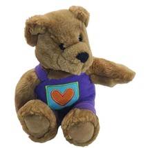 Hallmark Soft Brown Teddy Bear With Heart Patch In Purple Overalls Vintage - £14.85 GBP