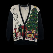 VTG 90s Marisa Christina Christmas Ugly Sweater Tree Train Knit Cardigan NEW - £55.15 GBP