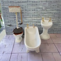 Doll House Miniature Bath Set Porcelain Toilet Tub Pedestal Sink Diorama Vtg 70s - £15.58 GBP