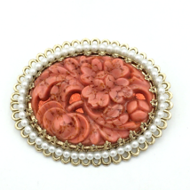 FAUX CARVED CORAL pearl floral brooch - 2&quot; vintage Japan marbled glass o... - $20.00