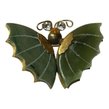 Jade Color Carved Butterfly Brooch Pin Gold-tone backing Rhinestone Eyes Vintage - £12.43 GBP