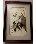 Antique Asian Art Blooming Branch &amp; Bird Shadow Box Real Feather Signed ... - $99.00