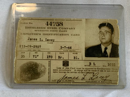 Vtg 1946 Bethlehem Steel Company Employee ID Card #44758 Sparrows Point MD - £31.57 GBP