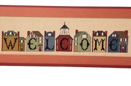 Completed Counted Cross Stitch Picture WELCOME Village Houses Church Cottagecore - $49.49