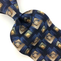 Pierre Cardin Made In USA Tie Blue Gold Tan Squares Silk Necktie Ties I15-107 - £12.44 GBP