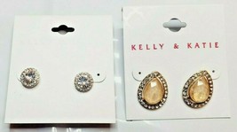 Kelly &amp; Katie Fashion Earrings Silver Tone Studs &amp; Tan Teardrop Studs 2 Pair New - £12.05 GBP